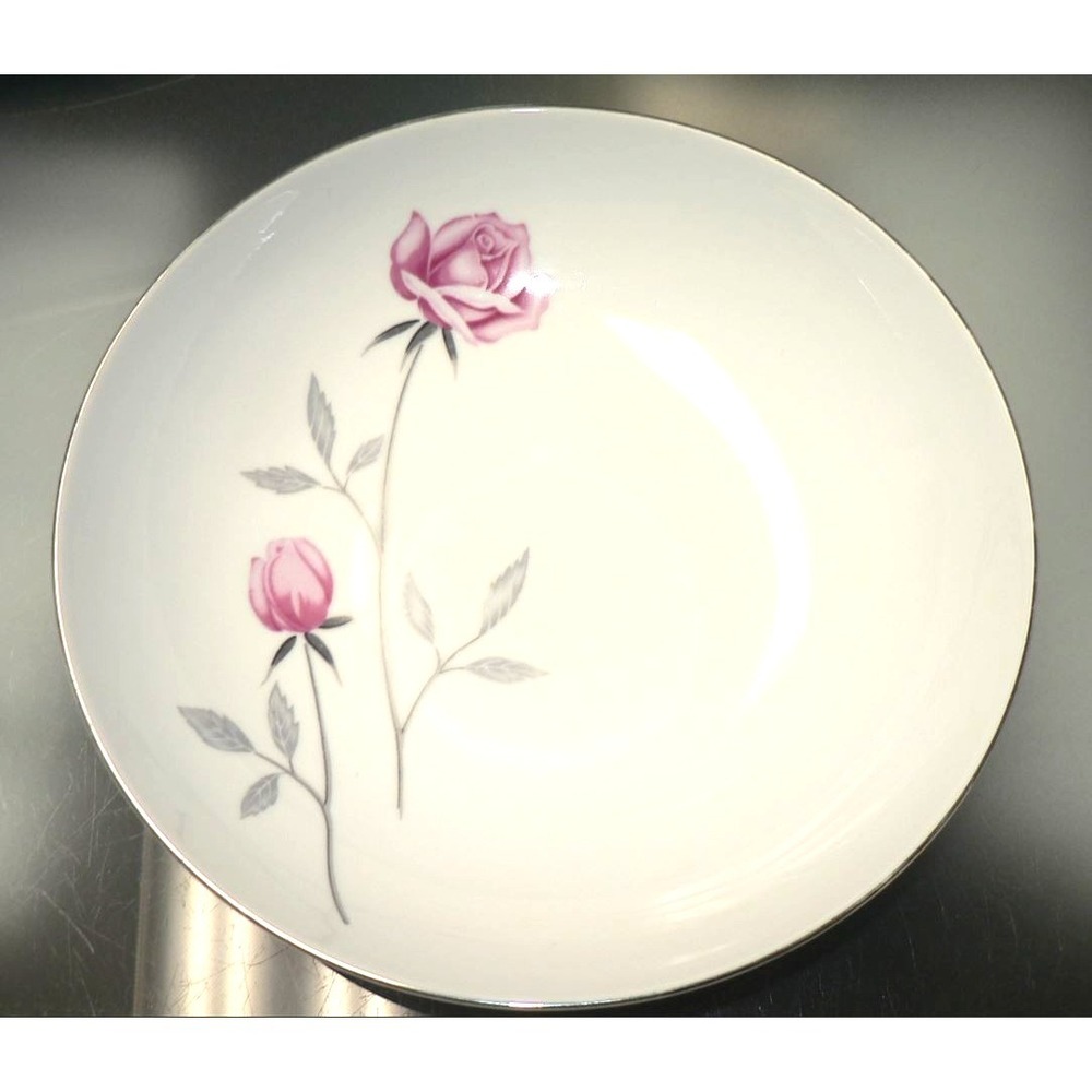 Belair by Nasco Japan 9" Round Vegetable Bowl Pink Rose Gray Leaves Silver Trim